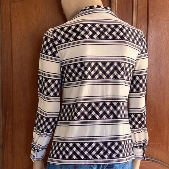 70’s Top Vintage Polyester Button Up Shirt Geo Print Blouse Size S - Picture 2 of 10